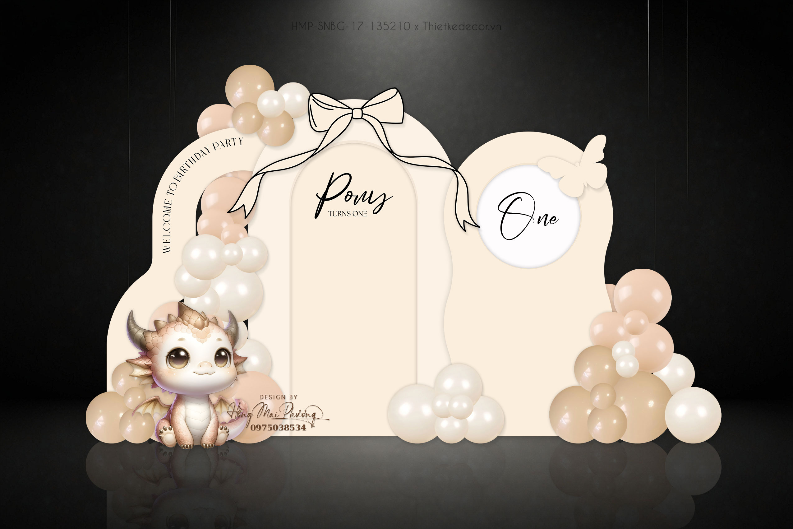 Backdrop sinh nhật bé gái tuổi rồng tone kem gắn nơ bướm